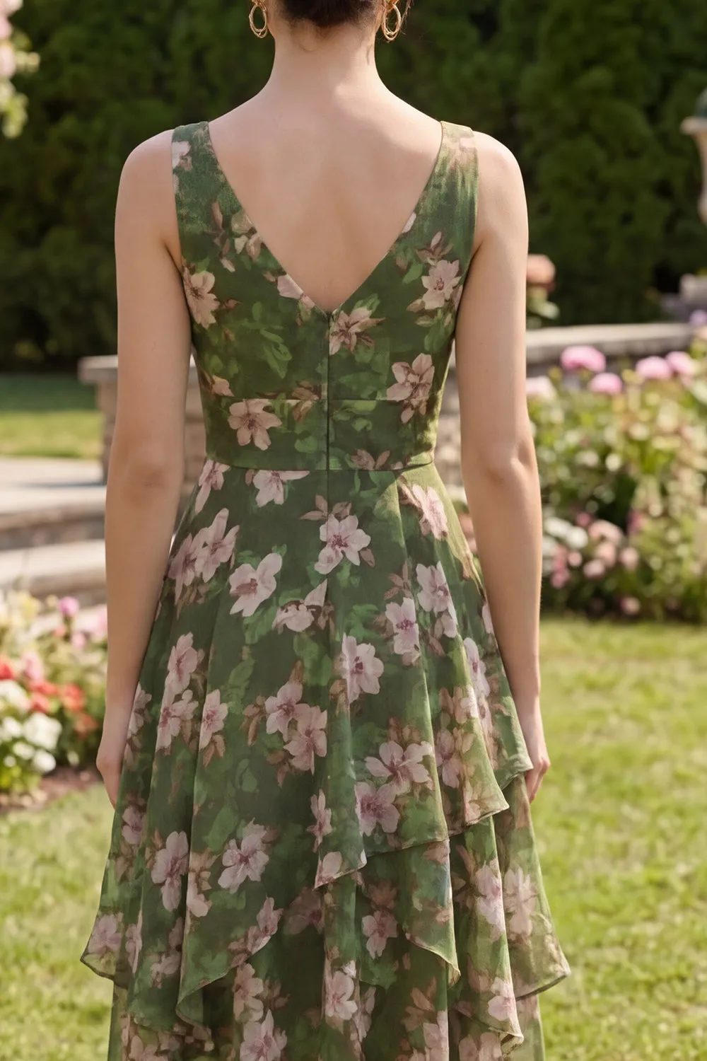 Dark Green Floral V-Neck Ruched A Line Asymmetrical Midi Dress with Ruffles sold by Zapaka product image thumbnail 4