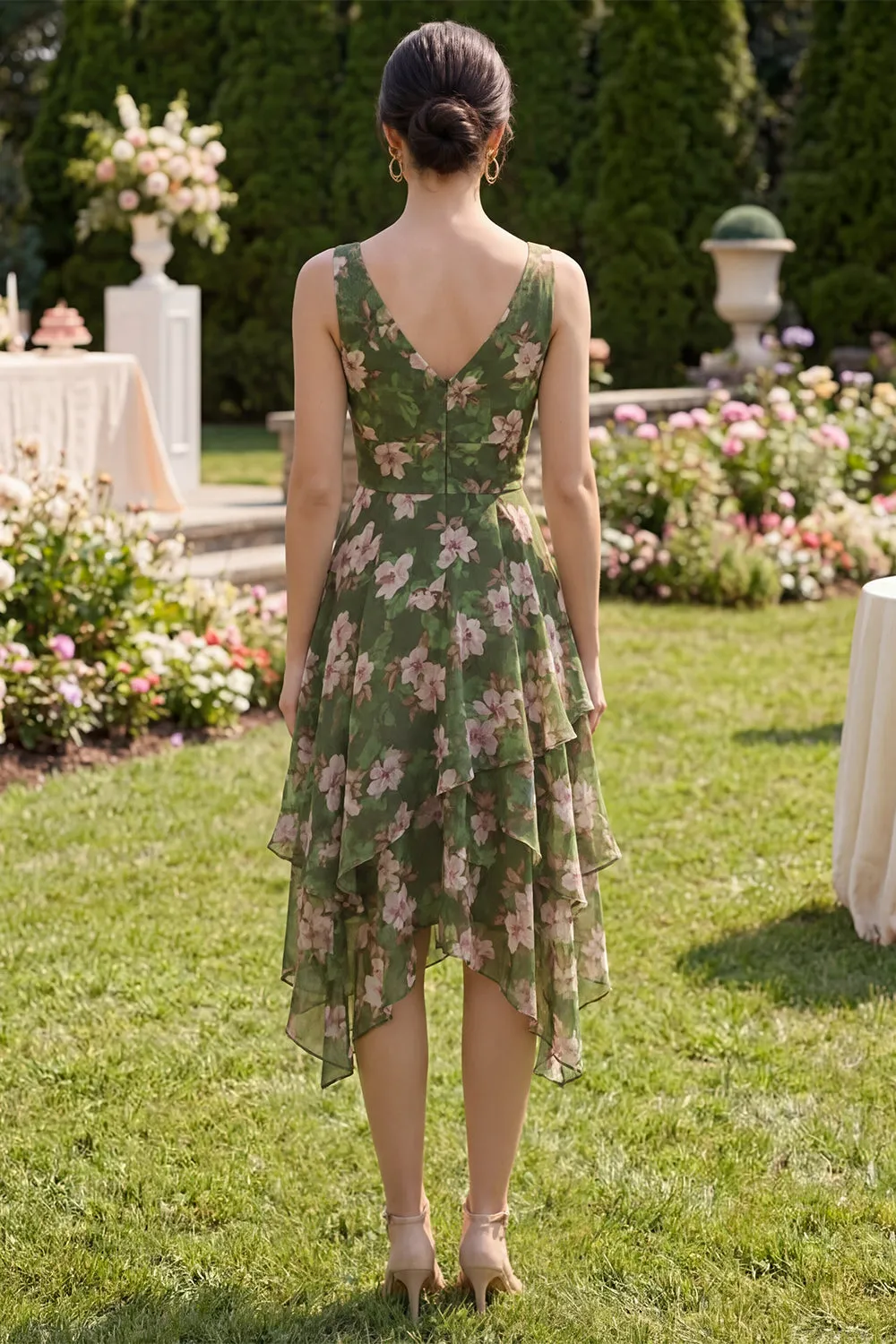 Dark Green Floral V-Neck Ruched A Line Asymmetrical Midi Dress with Ruffles sold by Zapaka product image thumbnail 2