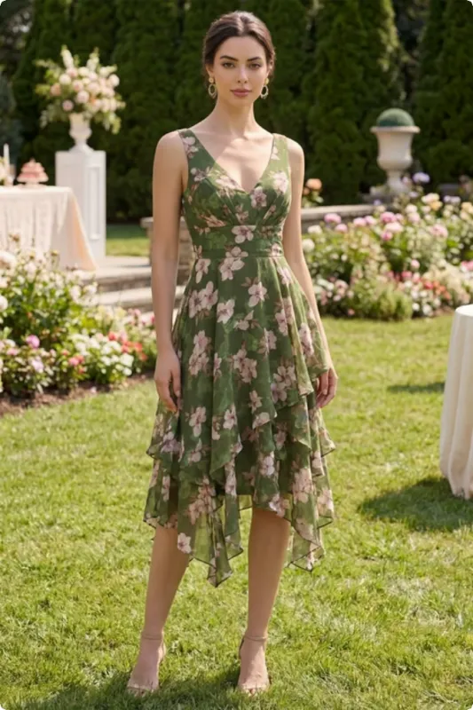 Dark Green Floral V-Neck Ruched A Line Asymmetrical Midi Dress with Ruffles made by Zapaka