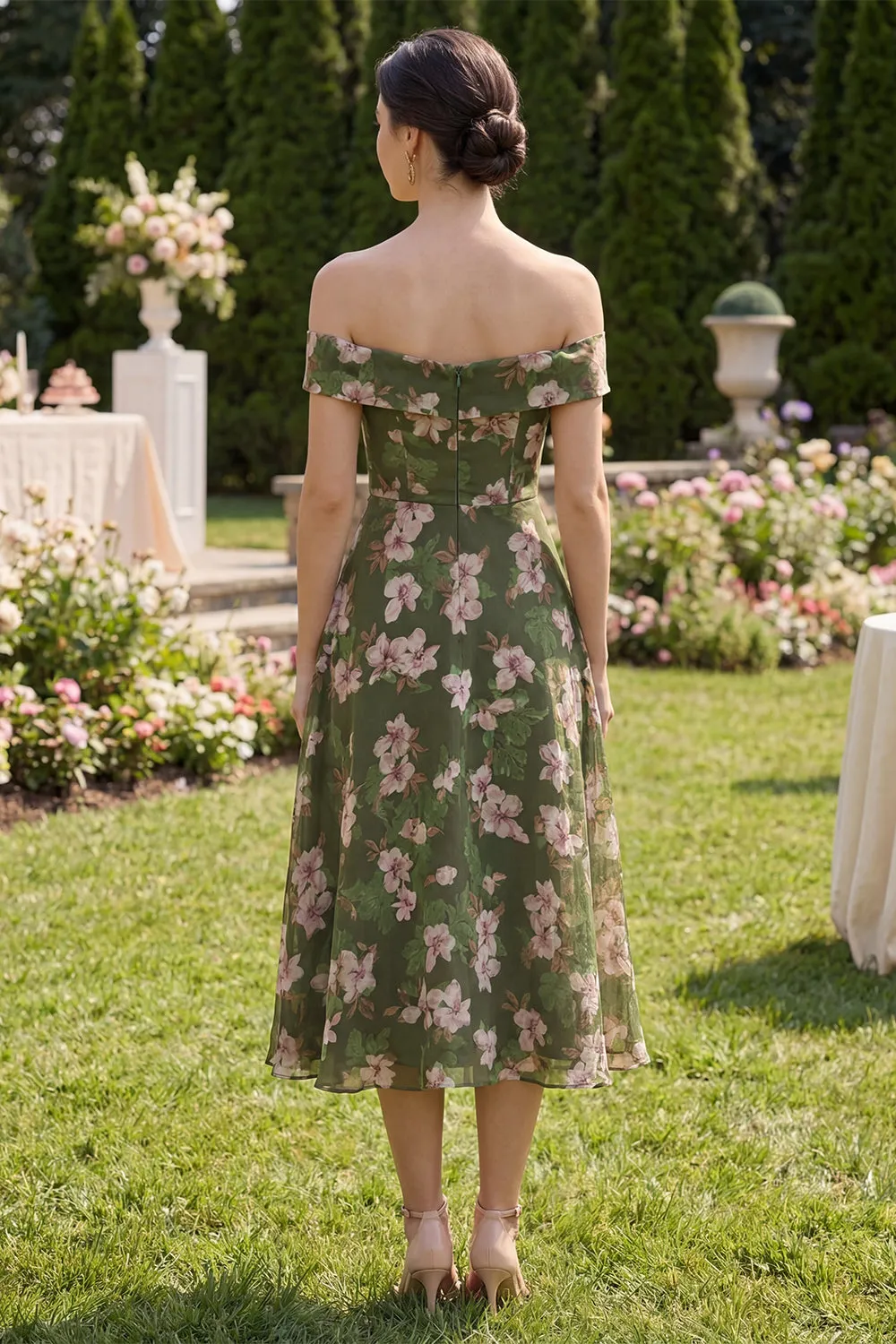 Floral Dark Green A Line Off the Shoulder Midi Dress sold by Zapaka product image thumbnail 2