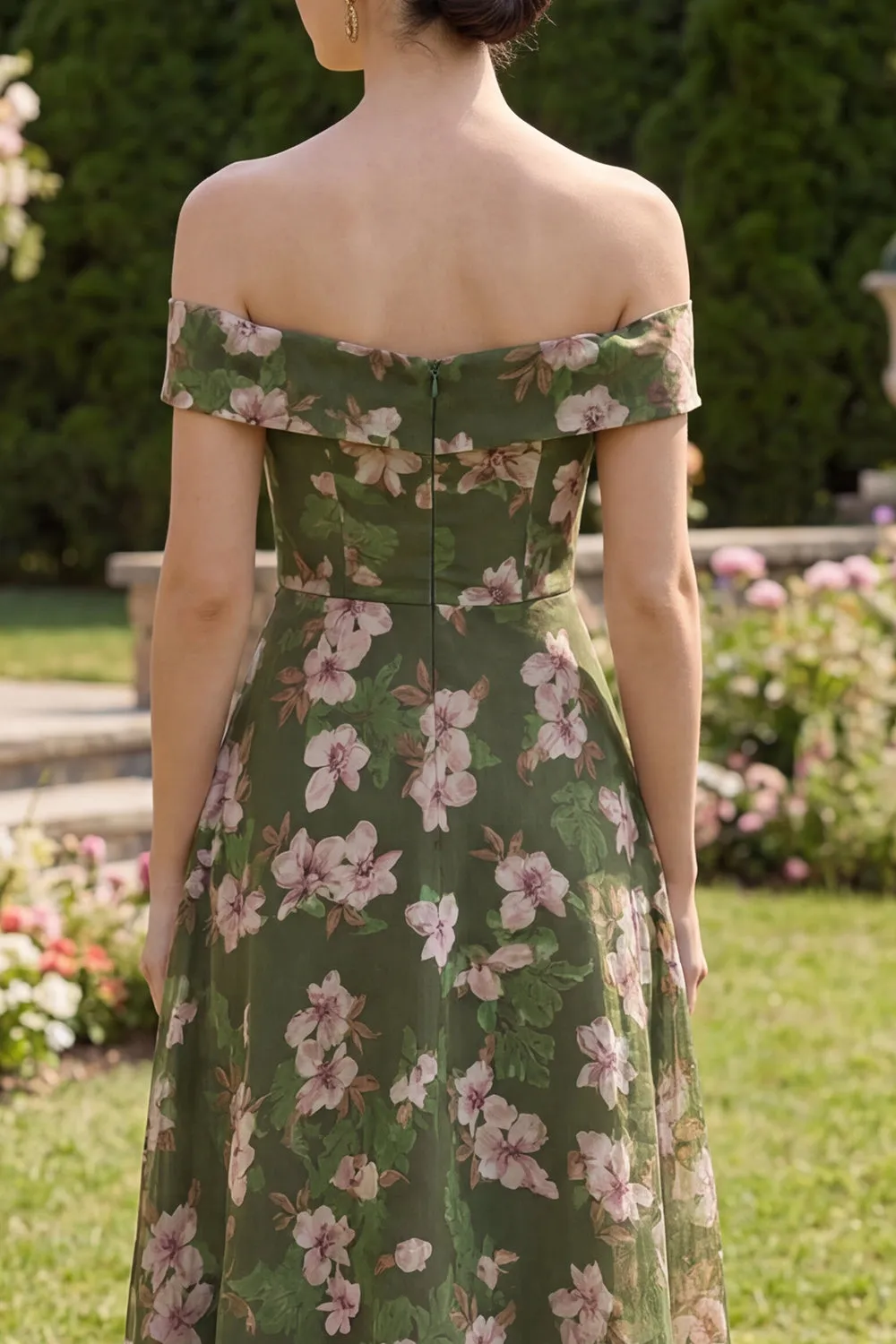 Floral Dark Green A Line Off the Shoulder Midi Dress sold by Zapaka product image thumbnail 4