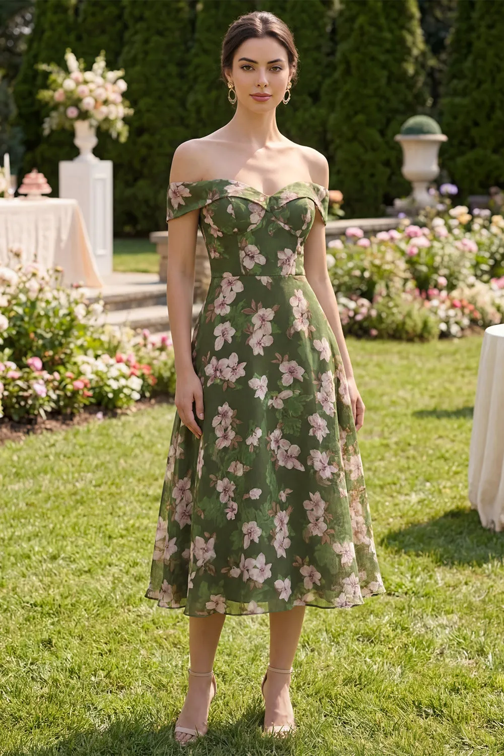 Floral Dark Green A Line Off the Shoulder Midi Dress sold by Zapaka