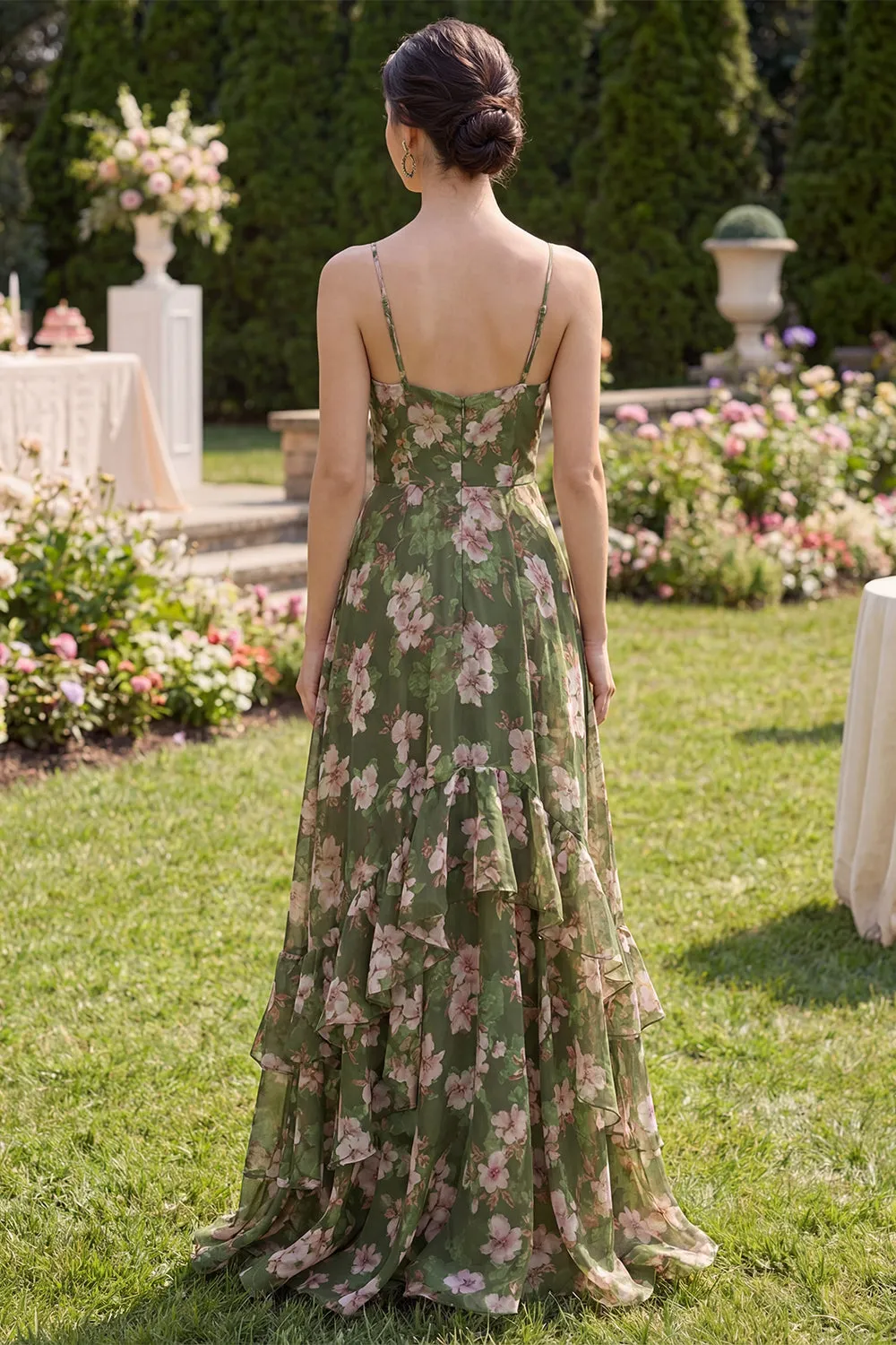 Dark Green Floral A Line Spaghetti Straps Maxi Dress with Ruffles sold by Zapaka product image thumbnail 2