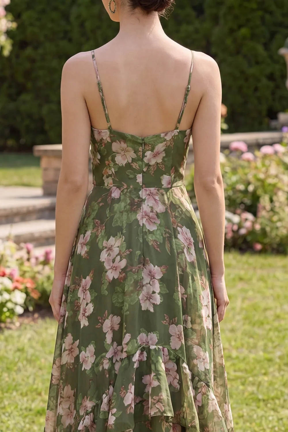 Dark Green Floral A Line Spaghetti Straps Maxi Dress with Ruffles sold by Zapaka product image thumbnail 4