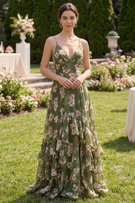 Dark Green Floral A Line Spaghetti Straps Maxi Dress with Ruffles made by Zapaka