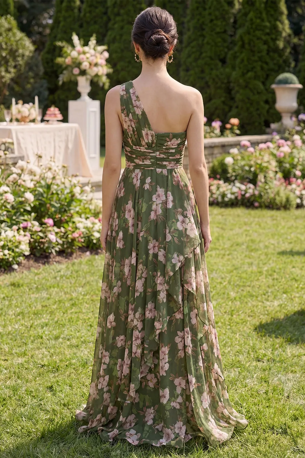 Dark Green Floral Ruffled Ruched A Line Maxi Dress with Slit sold by Zapaka product image thumbnail 2