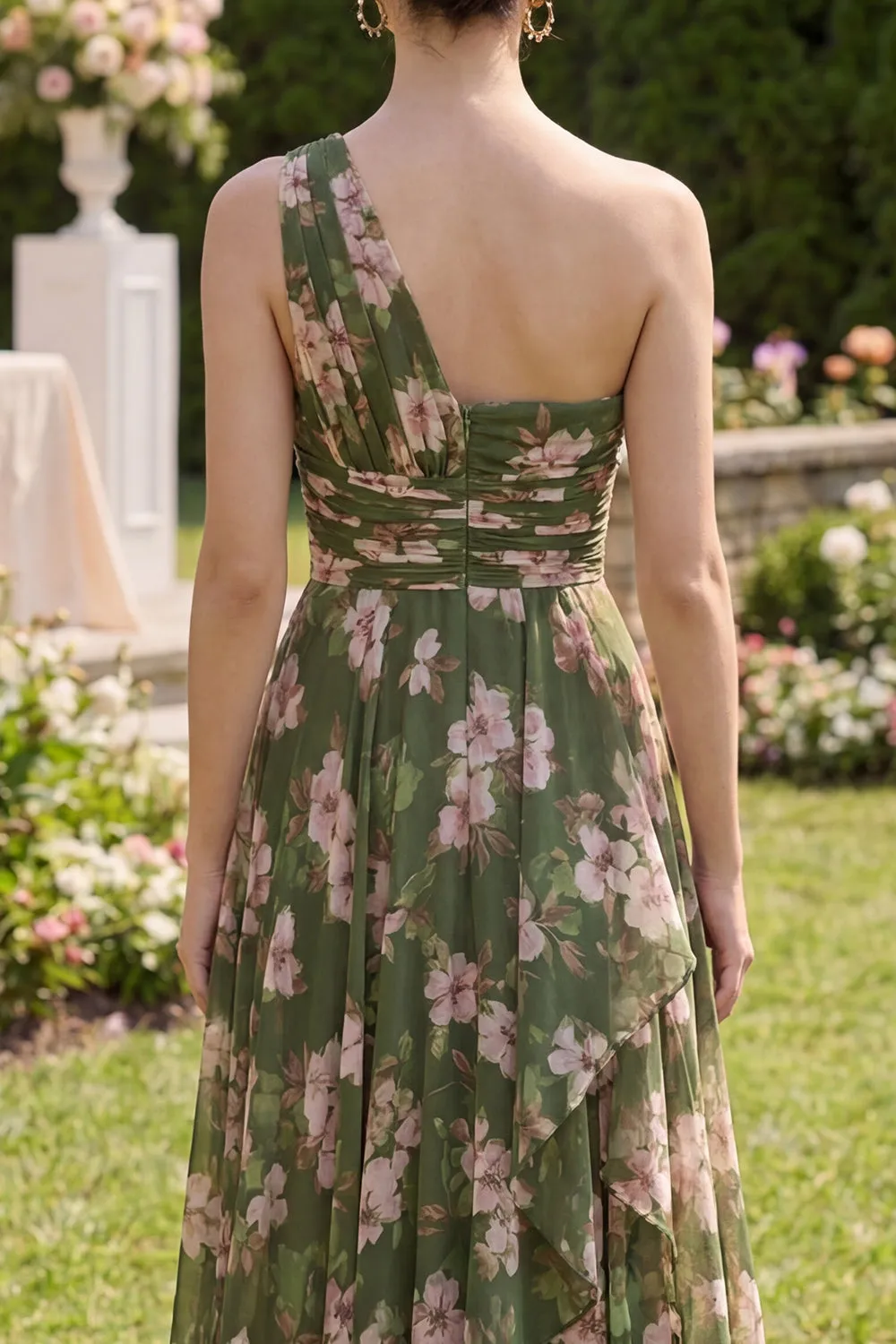 Dark Green Floral Ruffled Ruched A Line Maxi Dress with Slit sold by Zapaka product image thumbnail 4