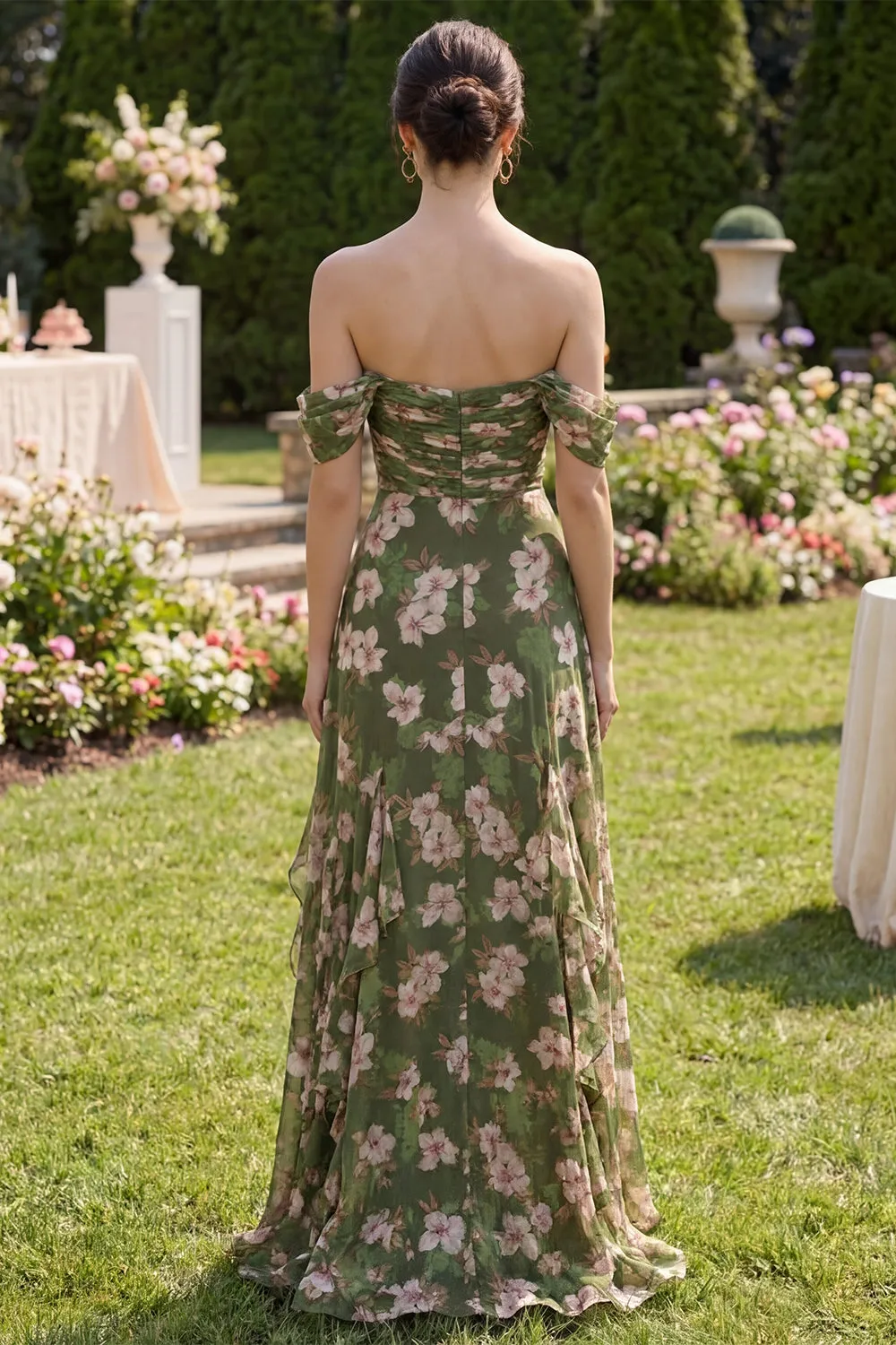 Dark Green Ruched A Line Maxi Floral Dress with Ruffles sold by Zapaka product image thumbnail 2