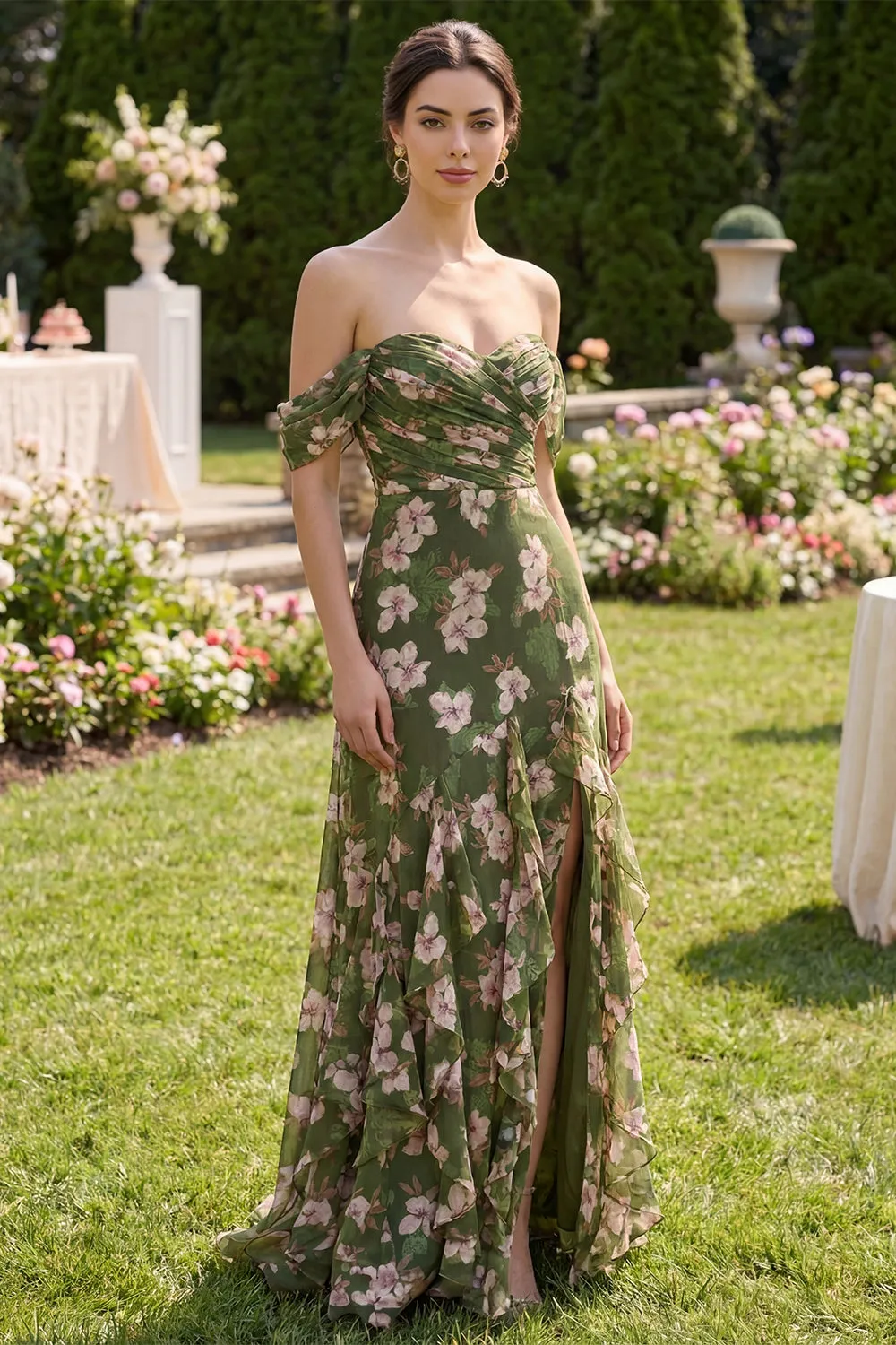 Dark Green Ruched A Line Maxi Floral Dress with Ruffles sold by Zapaka