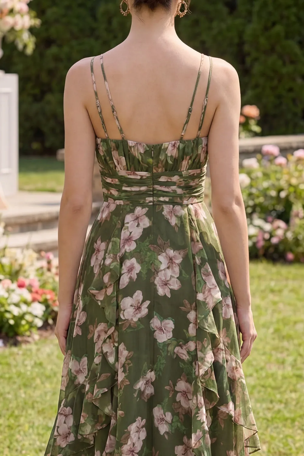 Dark Green Floral V-Neck A Line Ruched Midi Dress with Ruffles sold by Zapaka product image thumbnail 4