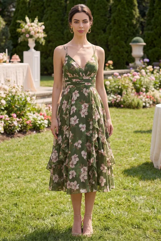 Dark Green Floral V-Neck A Line Ruched Midi Dress with Ruffles made by Zapaka