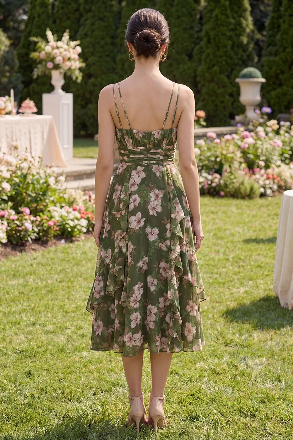 Dark Green Floral V-Neck A Line Ruched Midi Dress with Ruffles sold by Zapaka product image thumbnail 2