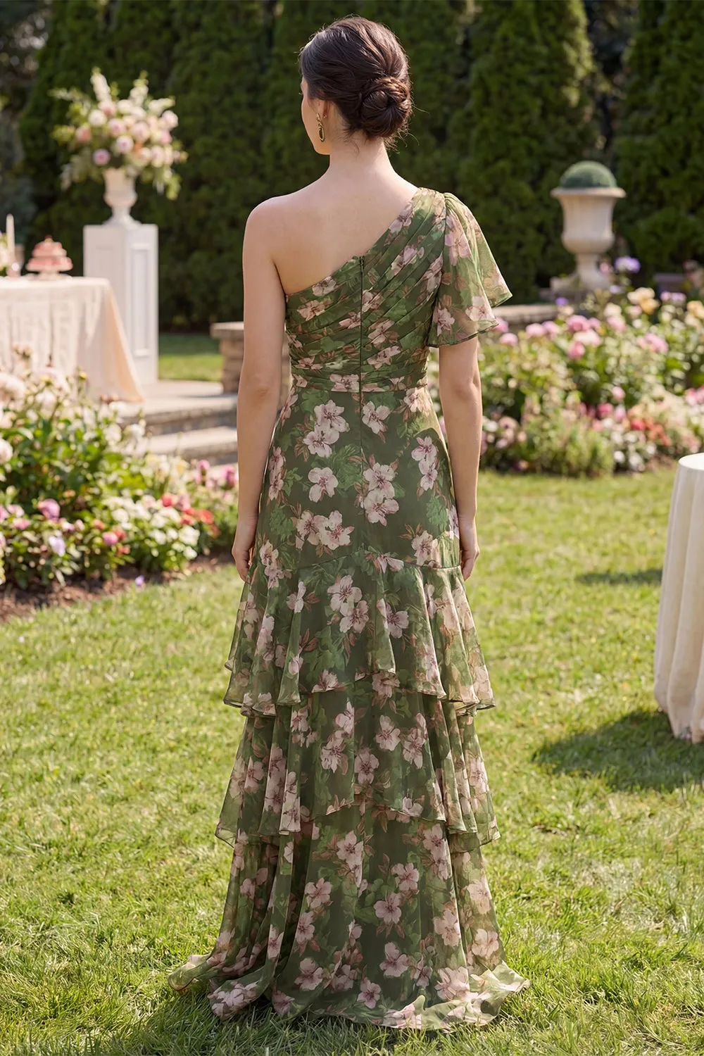 Dark Green Floral A Line Flutter Sleeves Maxi Dress with Ruffles sold by Zapaka product image thumbnail 2