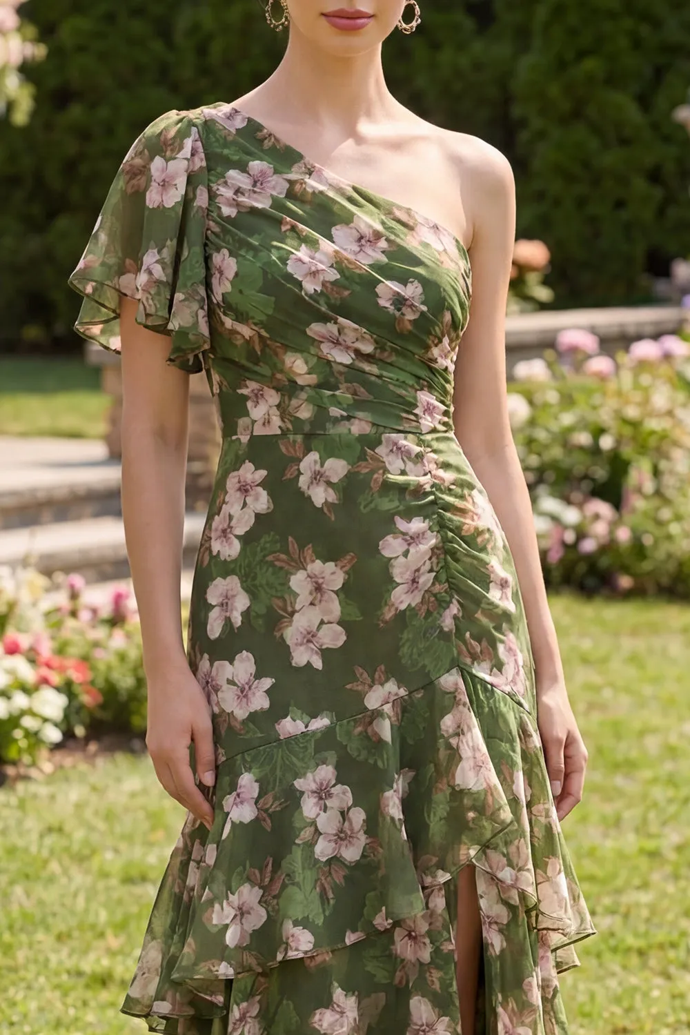 Dark Green Floral A Line Flutter Sleeves Maxi Dress with Ruffles sold by Zapaka product image thumbnail 3