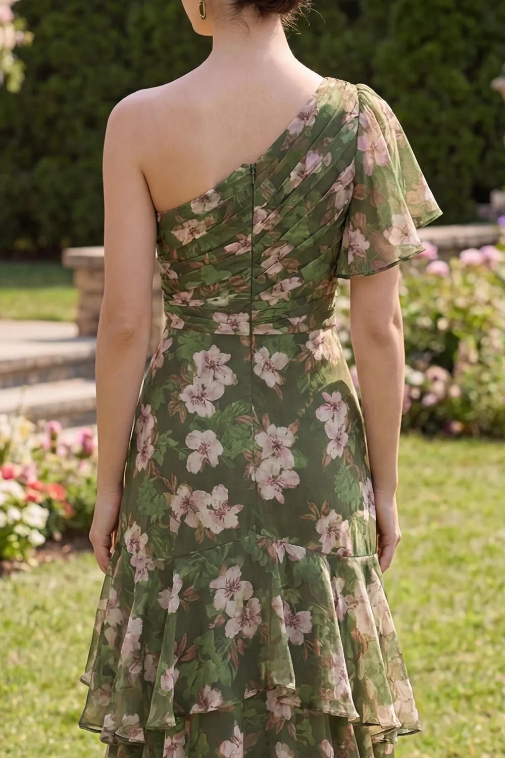 Dark Green Floral A Line Flutter Sleeves Maxi Dress with Ruffles sold by Zapaka product image thumbnail 4