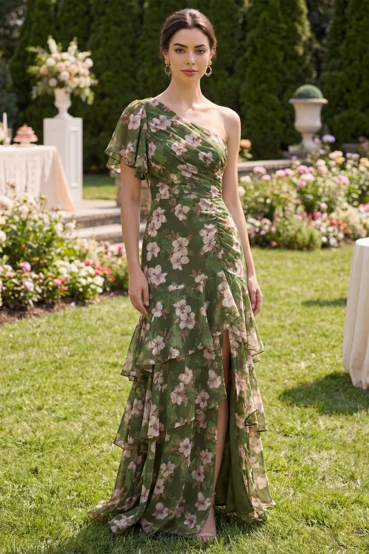 Dark Green Floral A Line Flutter Sleeves Maxi Dress with Ruffles made by Zapaka