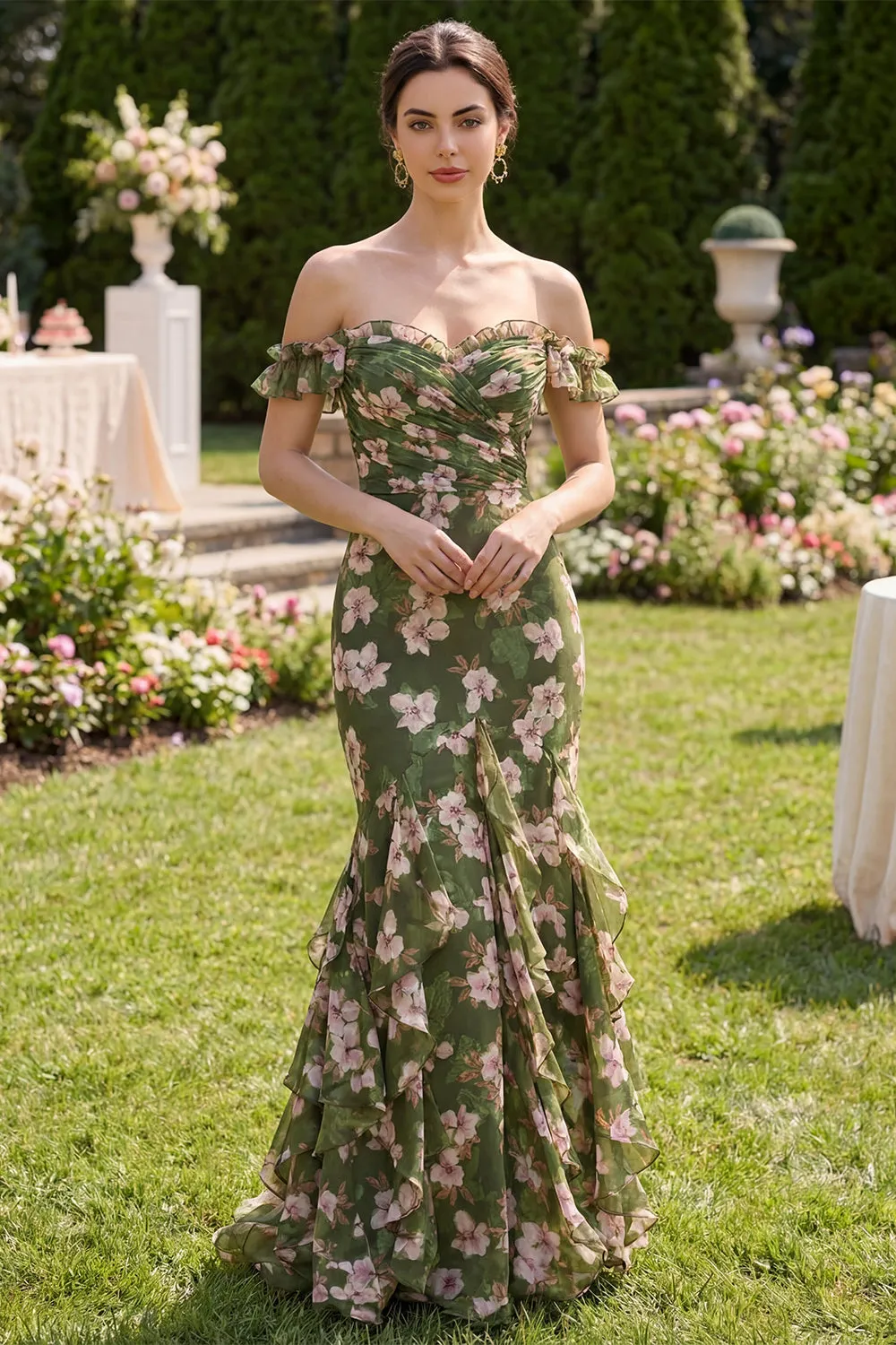 Dark Green Floral Mermaid Maxi Dress with Ruffles sold by Zapaka