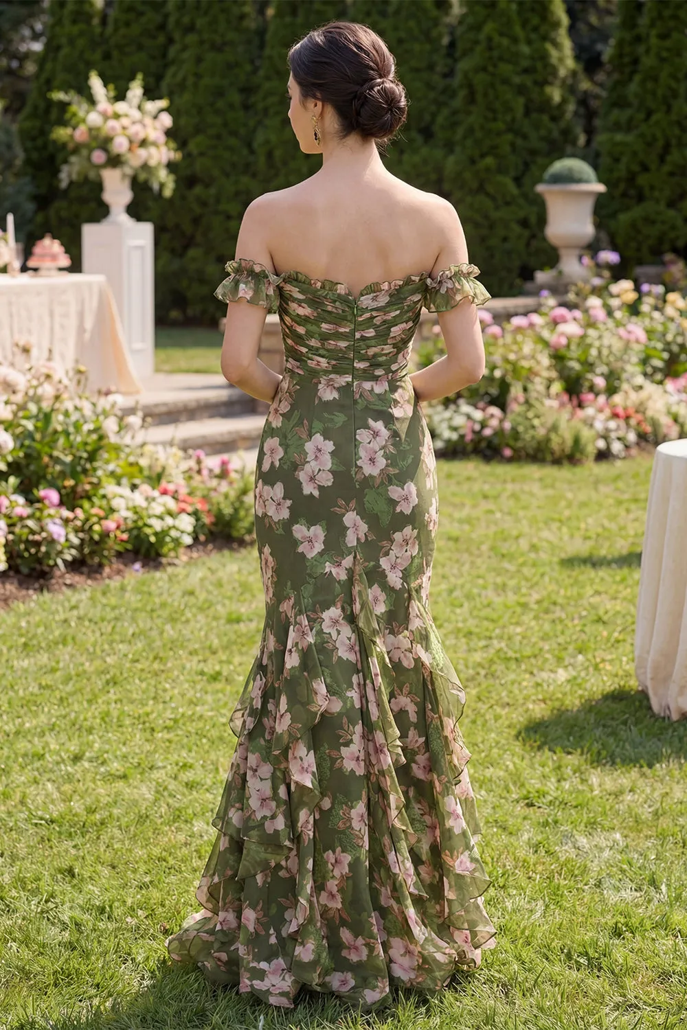 Dark Green Floral Mermaid Maxi Dress with Ruffles sold by Zapaka product image thumbnail 2