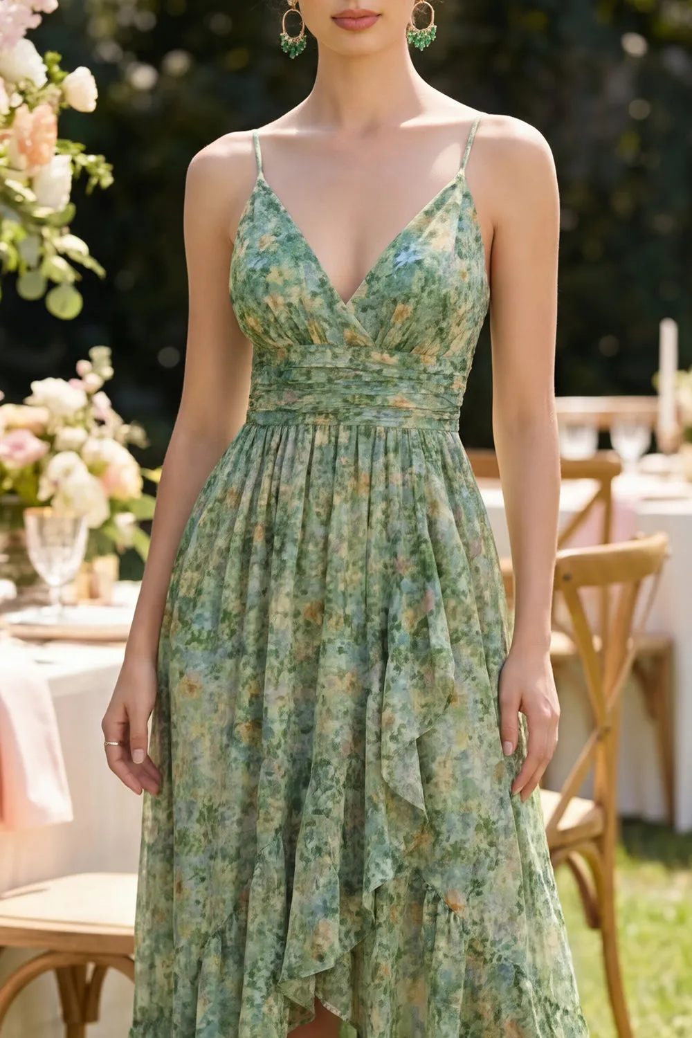 Dusty Green Ruched V-Neck High Low Floral Dress with Ruffles sold by Zapaka product image thumbnail 3