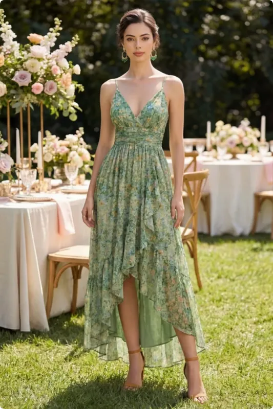 Dusty Green Ruched V-Neck High Low Floral Dress with Ruffles made by Zapaka