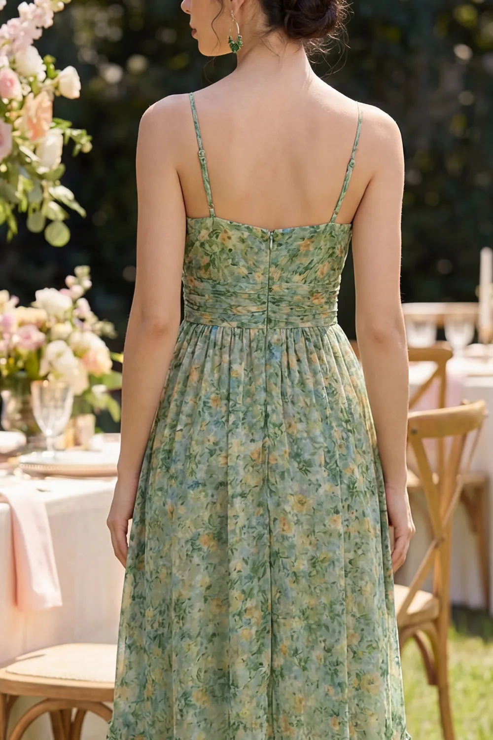 Dusty Green Ruched V-Neck High Low Floral Dress with Ruffles sold by Zapaka product image thumbnail 4