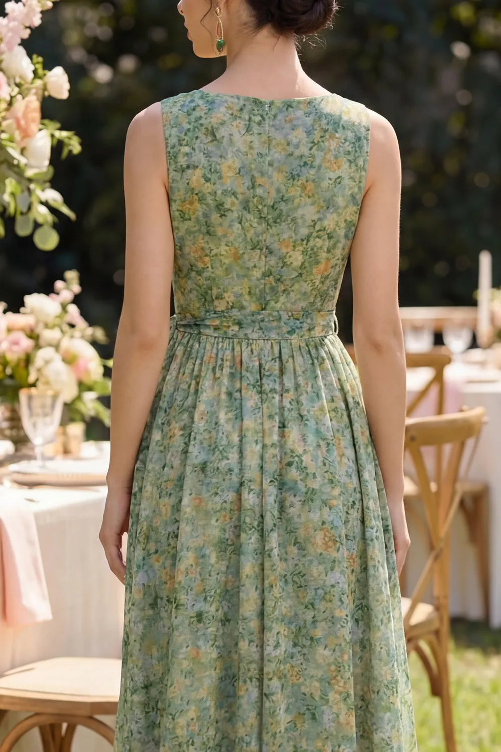 Dusty Green Ruched V-Neck Floral A Line Midi Dress with Bow sold by Zapaka product image thumbnail 3