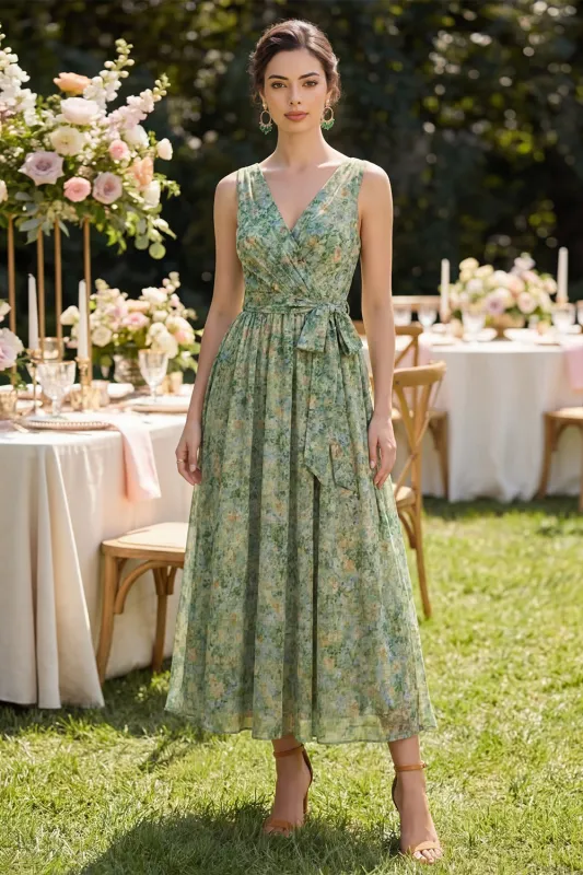 Dusty Green Ruched V-Neck Floral A Line Midi Dress with Bow made by Zapaka