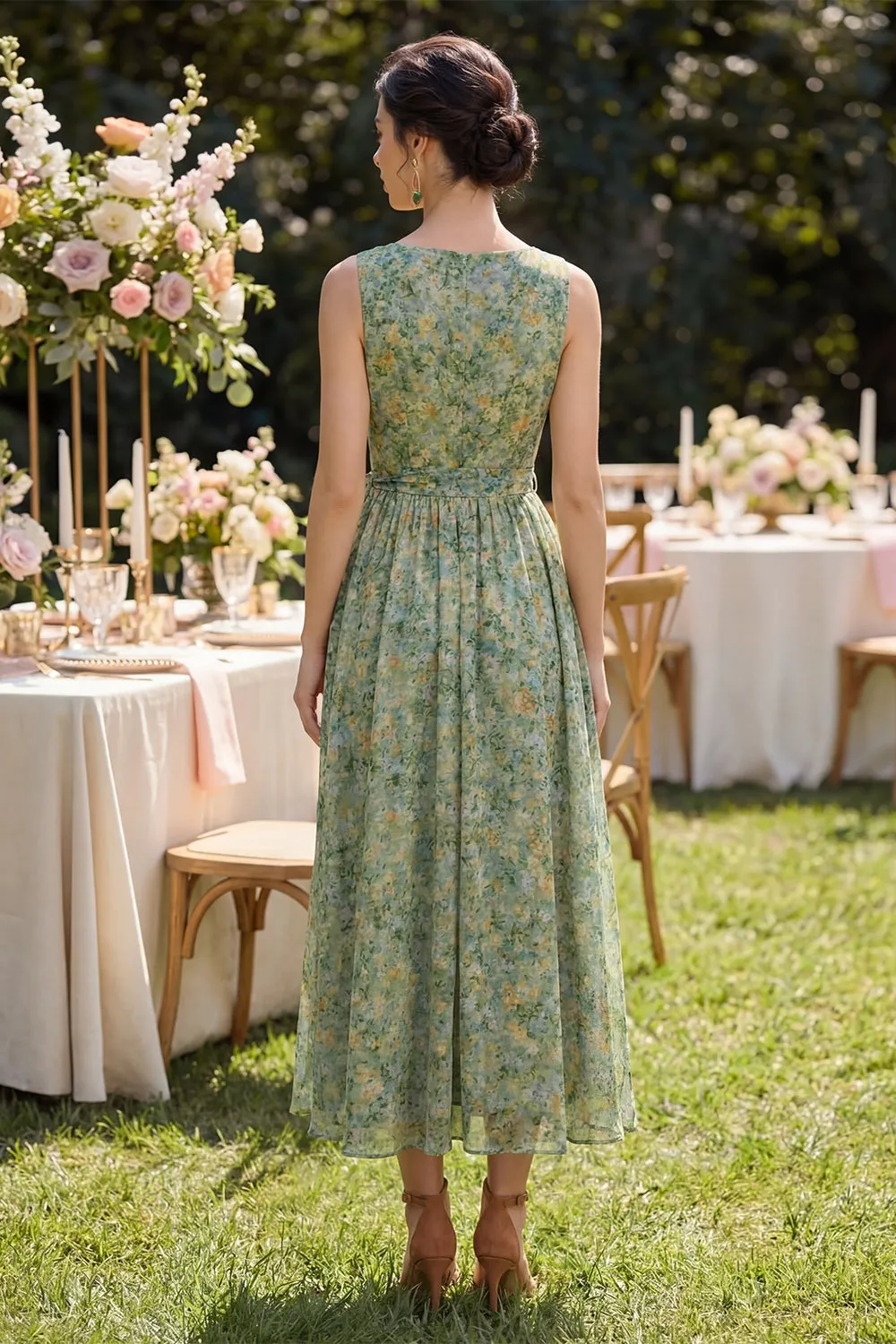 Dusty Green Ruched V-Neck Floral A Line Midi Dress with Bow sold by Zapaka product image thumbnail 2