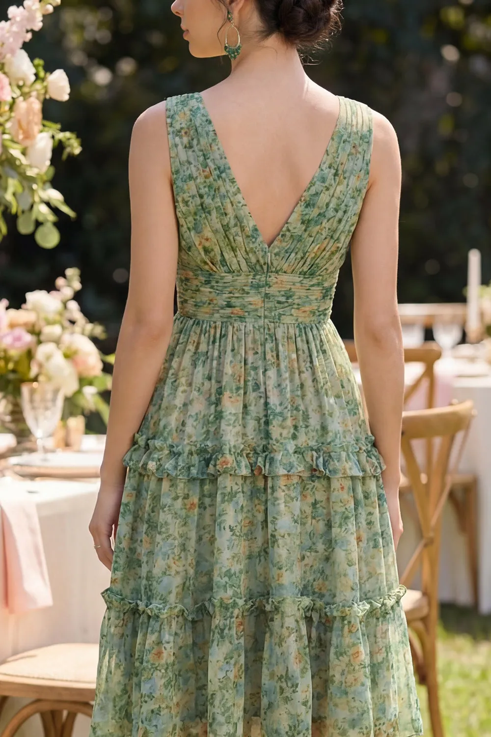 Dusty Green Ruched A Line V-Neck Floral Midi Dress with Ruffles sold by Zapaka product image thumbnail 4