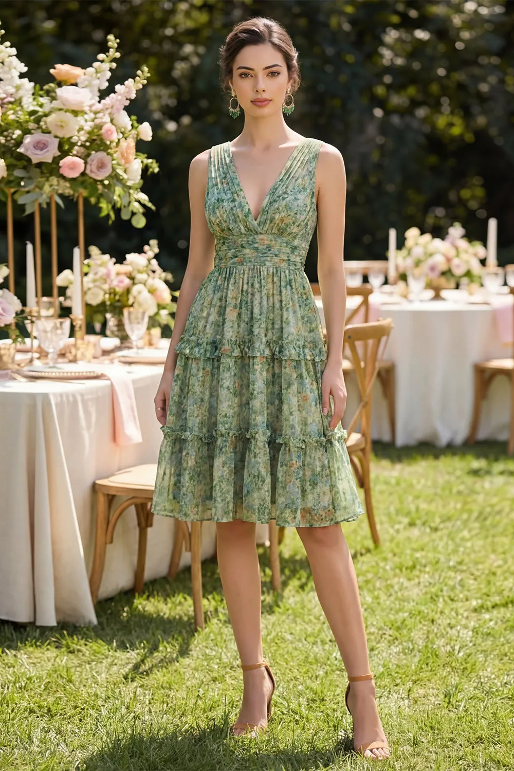 Dusty Green Ruched A Line V-Neck Floral Midi Dress with Ruffles sold by Zapaka