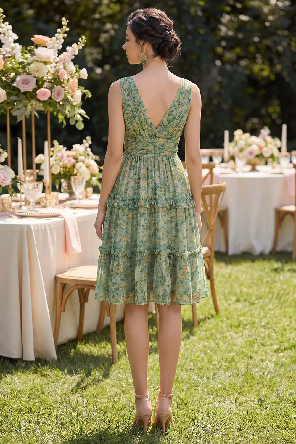 Dusty Green Ruched A Line V-Neck Floral Midi Dress with Ruffles sold by Zapaka product image thumbnail 2