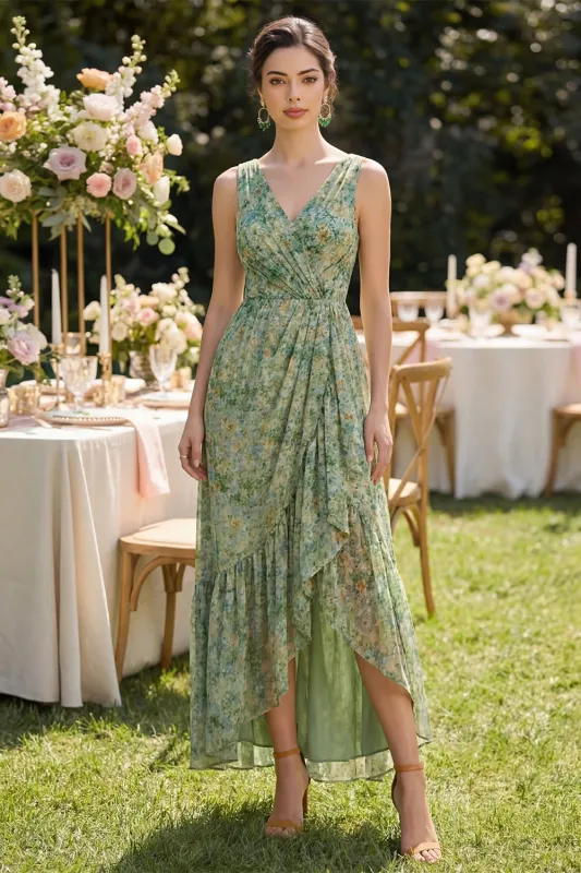 Dusty Green Sheath V-Neck High Low Floral Dress with Ruffles made by Zapaka