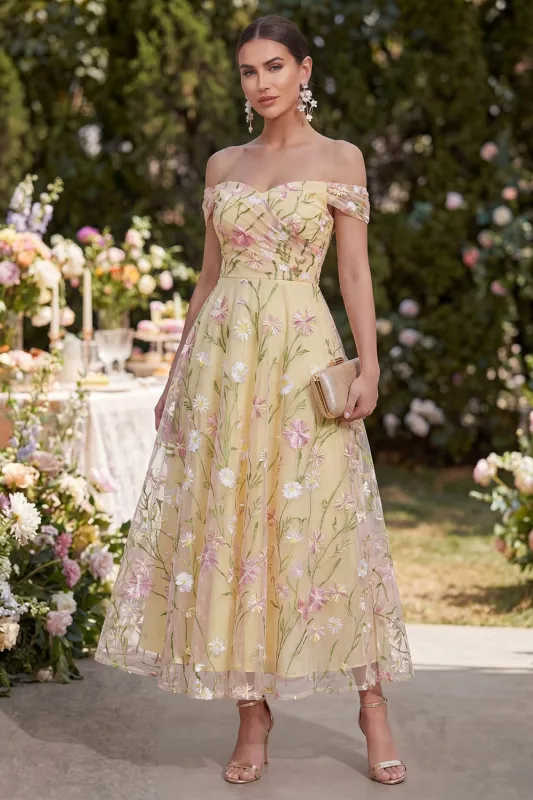 Light Yellow A Line Ruched Off the Shoulder Floral Maxi Dress made by Zapaka