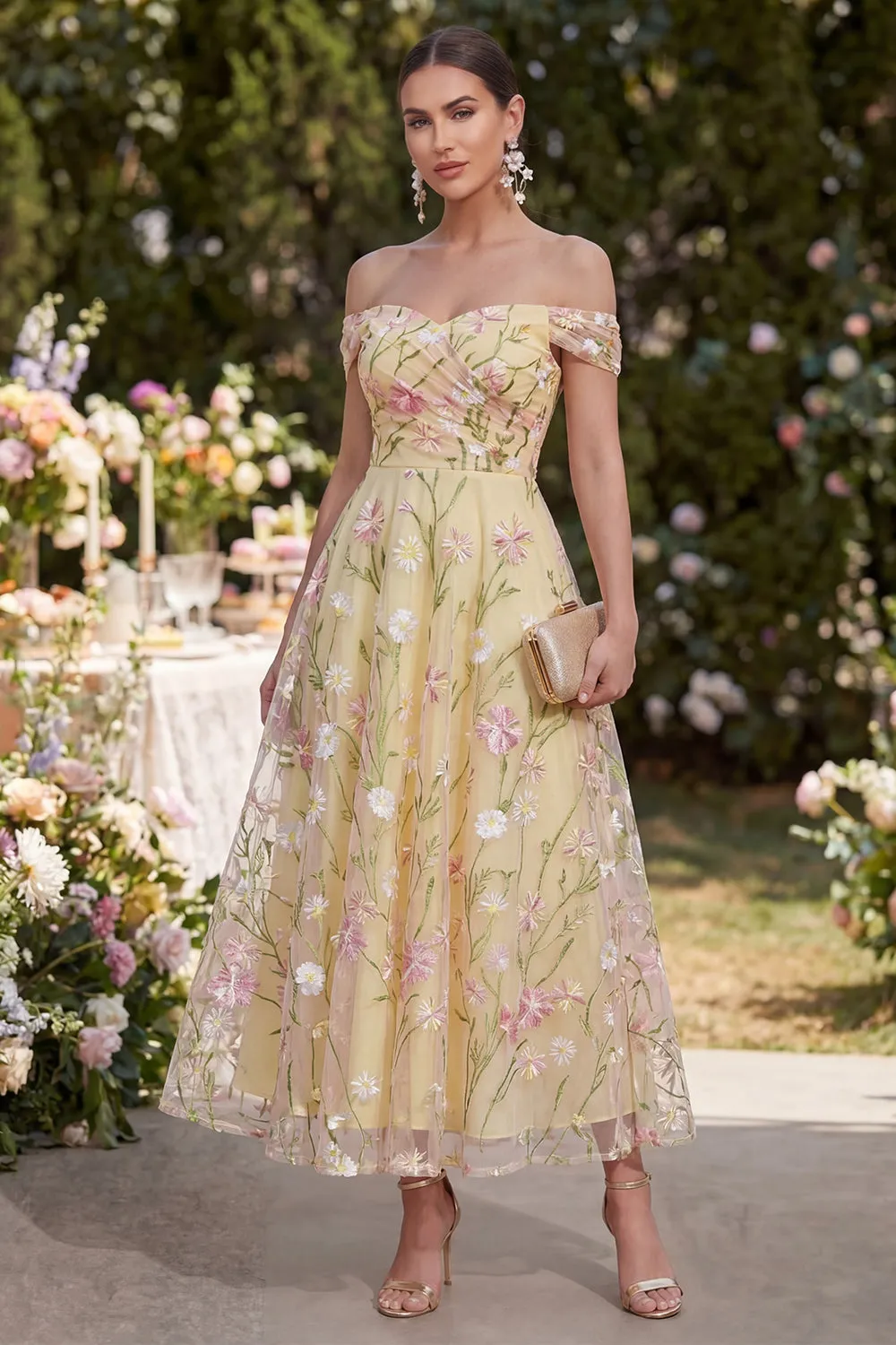 Light Yellow A Line Ruched Off the Shoulder Floral Maxi Dress sold by Zapaka