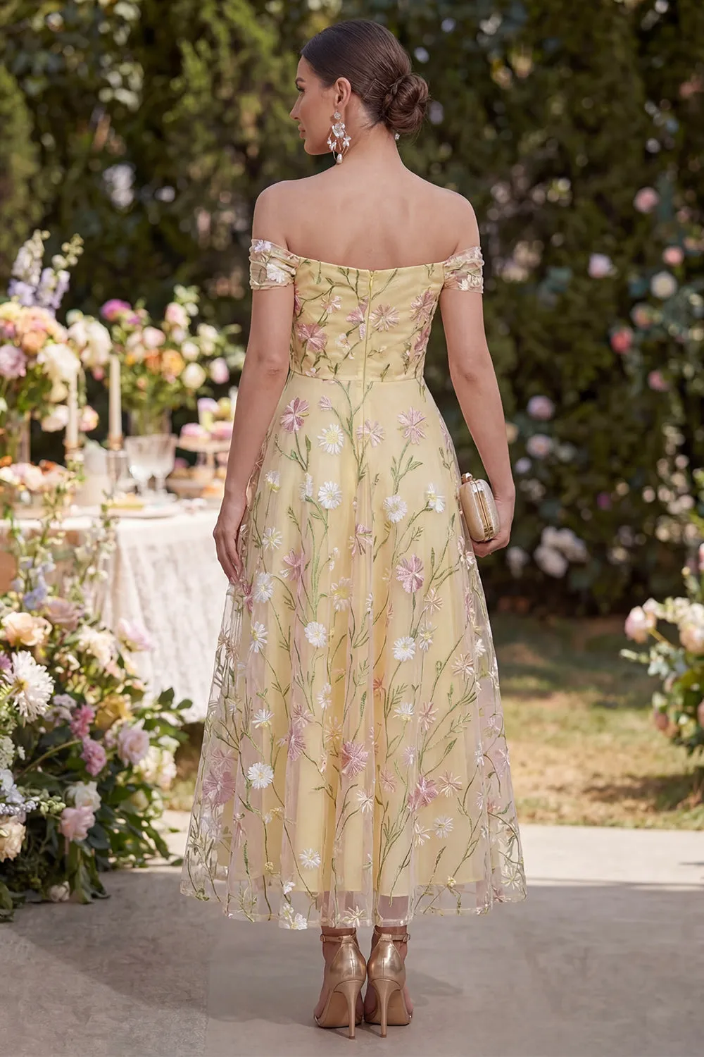 Light Yellow A Line Ruched Off the Shoulder Floral Maxi Dress sold by Zapaka product image thumbnail 2