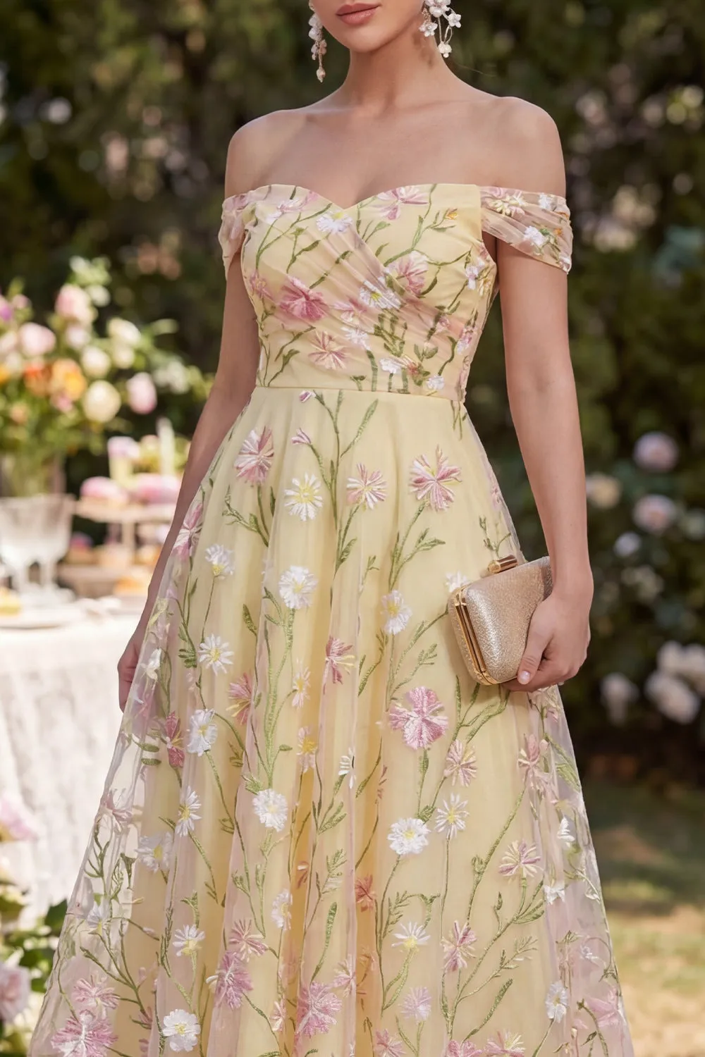 Light Yellow A Line Ruched Off the Shoulder Floral Maxi Dress sold by Zapaka product image thumbnail 3
