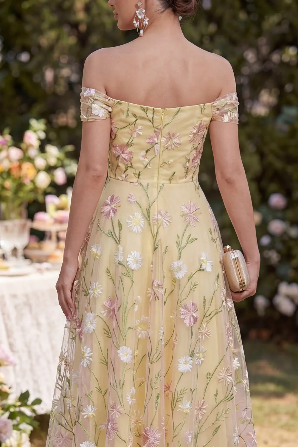 Light Yellow A Line Ruched Off the Shoulder Floral Maxi Dress sold by Zapaka product image thumbnail 4