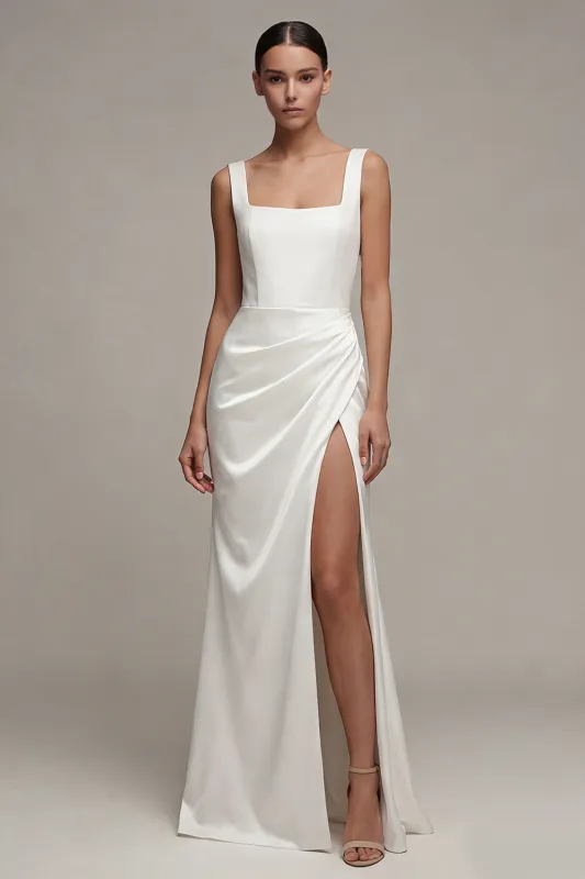 Square Neck Ruched White Maxi Sheath Engagement Dress with Slit made by Zapaka