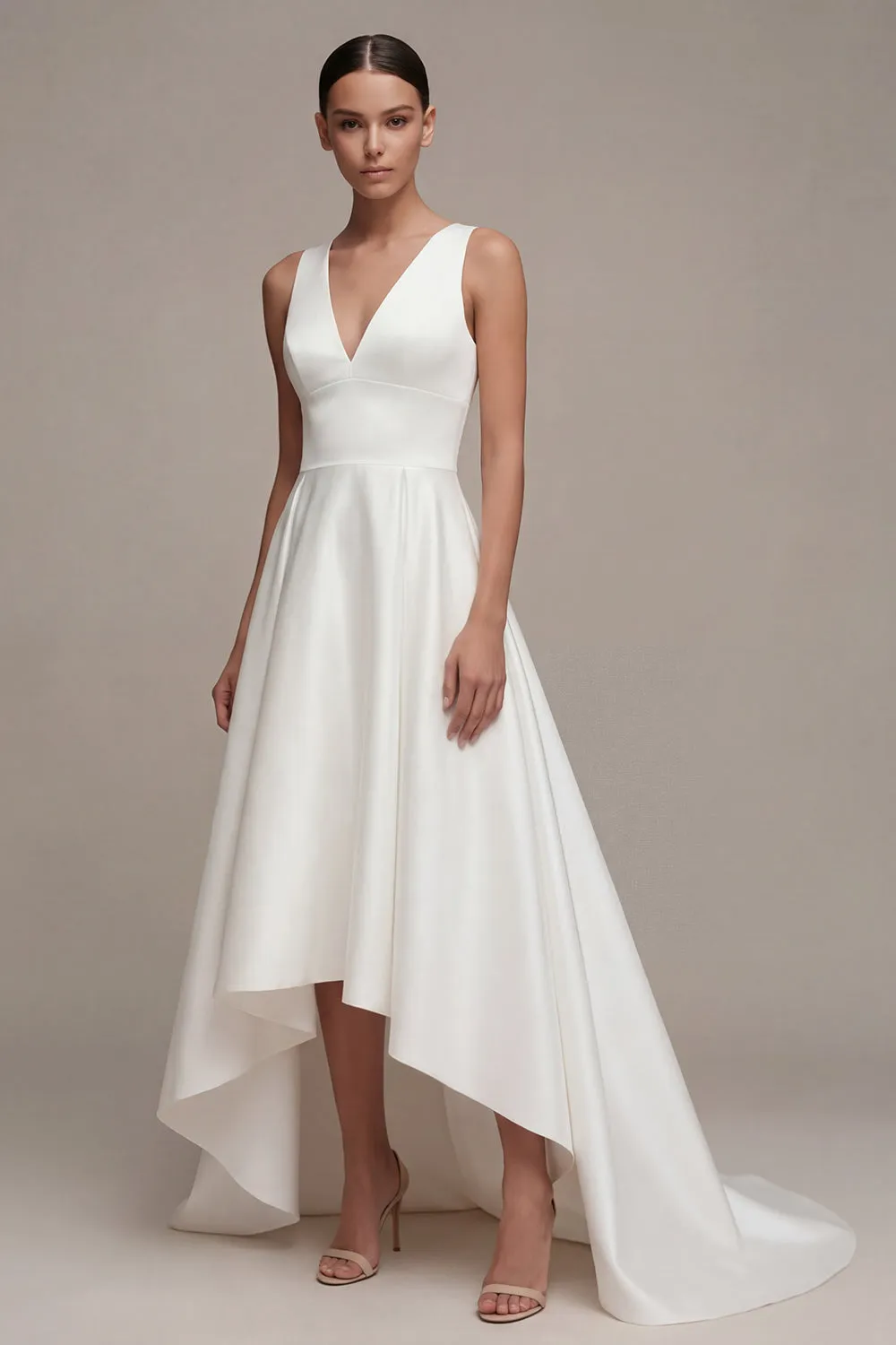 A Line V-Neck White High Low Engagement Dress sold by Zapaka