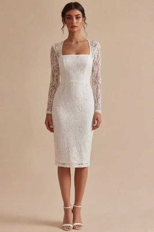 Bodycon Lace Long Sleeves Floral White Boho Engagement Dress made by Zapaka