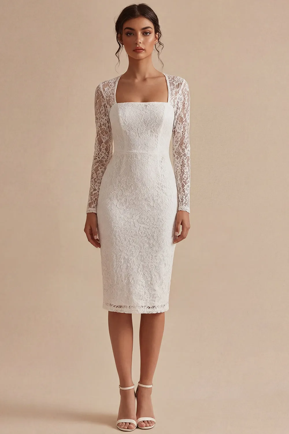 Bodycon Lace Long Sleeves Floral White Boho Engagement Dress sold by Zapaka