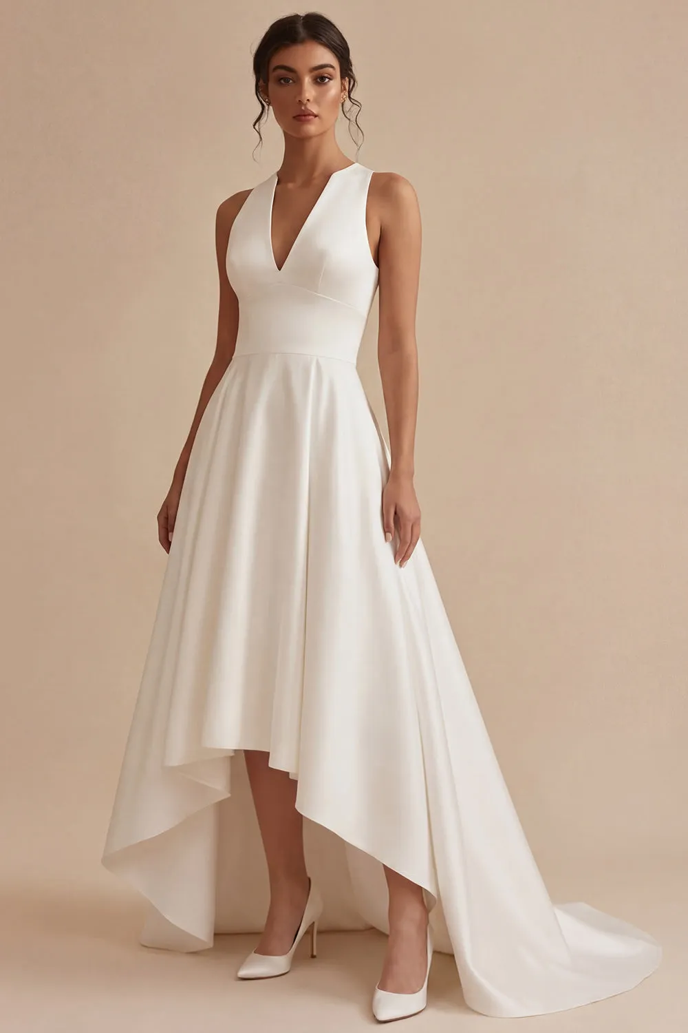 White High Low A Line V-Neck Engagement Dress sold by Zapaka