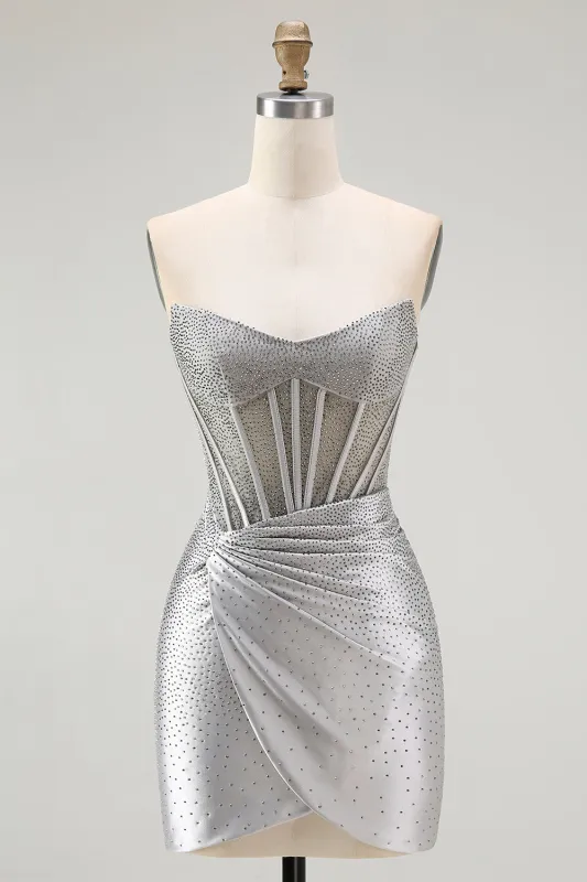 Grey Silver Strapless Corset Ruched Short Homecoming Dress with Beading made by Zapaka