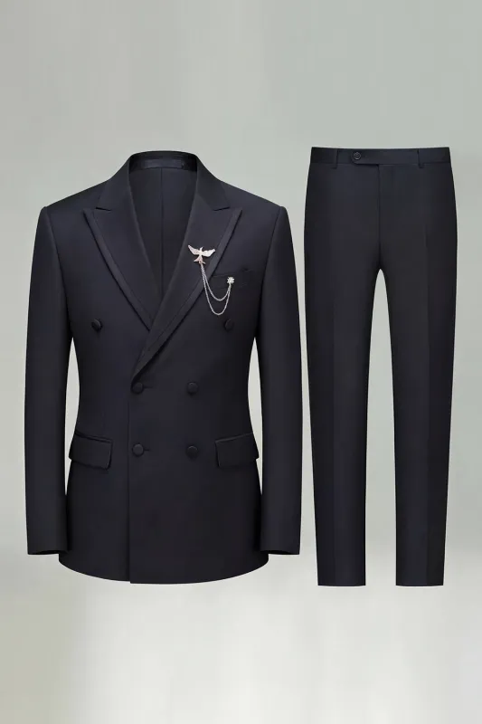 Peak Lapel 2 Piece Black Double Breasted Men's Prom Suits made by Zapaka