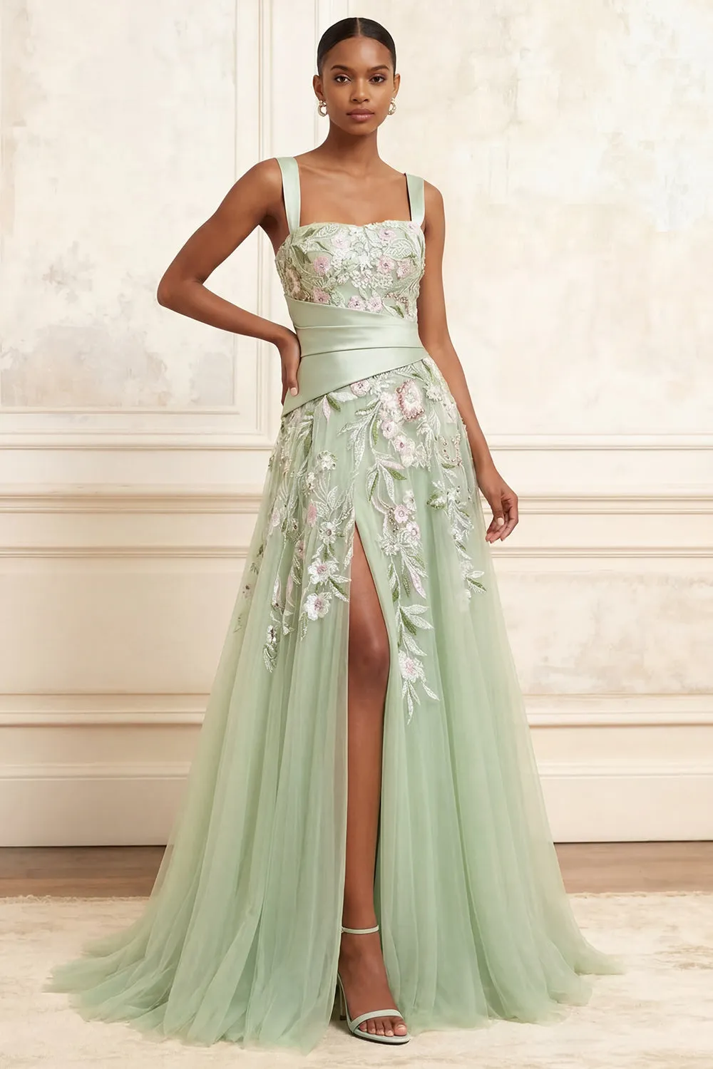 A-Line Square Neck Dusty Sage Tulle Floral Embroidered Long Prom Dress with Slit sold by Zapaka