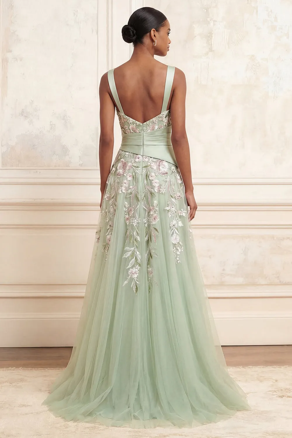 A-Line Square Neck Dusty Sage Tulle Floral Embroidered Long Prom Dress with Slit sold by Zapaka product image thumbnail 2