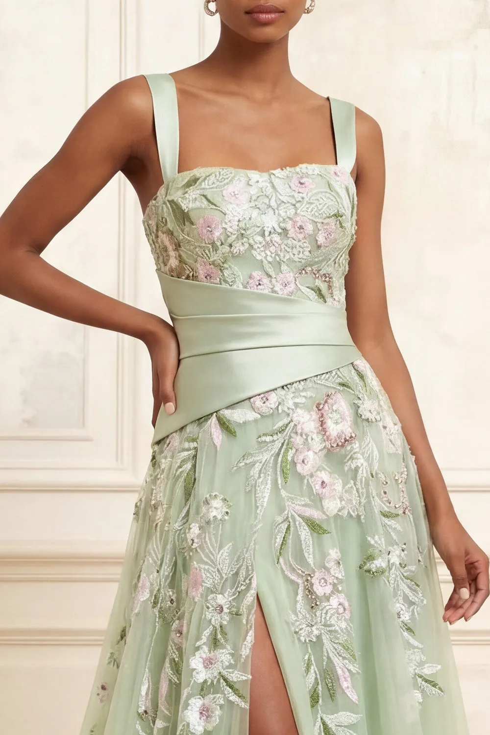 A-Line Square Neck Dusty Sage Tulle Floral Embroidered Long Prom Dress with Slit sold by Zapaka product image thumbnail 3
