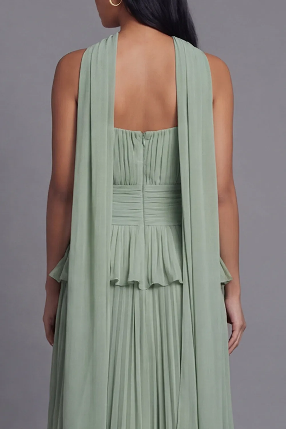 A-Line Dusty Sage Strapless Pleated Ruched Ruffled Midi Dress with Neck Scarf sold by Zapaka product image thumbnail 5