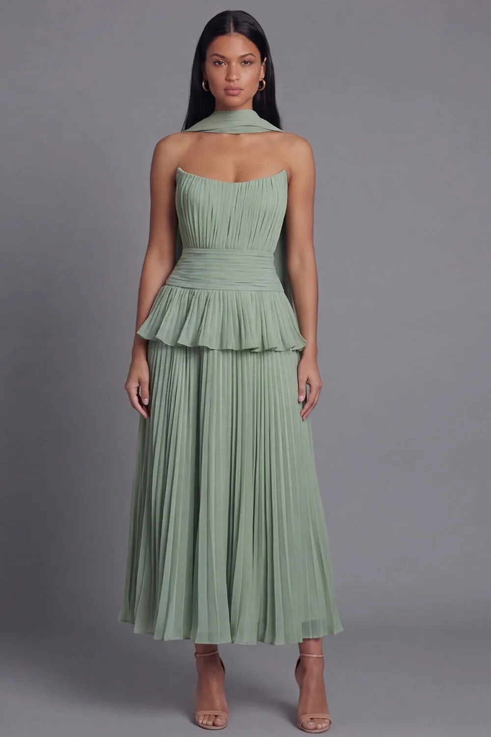 A-Line Dusty Sage Strapless Pleated Ruched Ruffled Midi Dress with Neck Scarf sold by Zapaka product image thumbnail 3