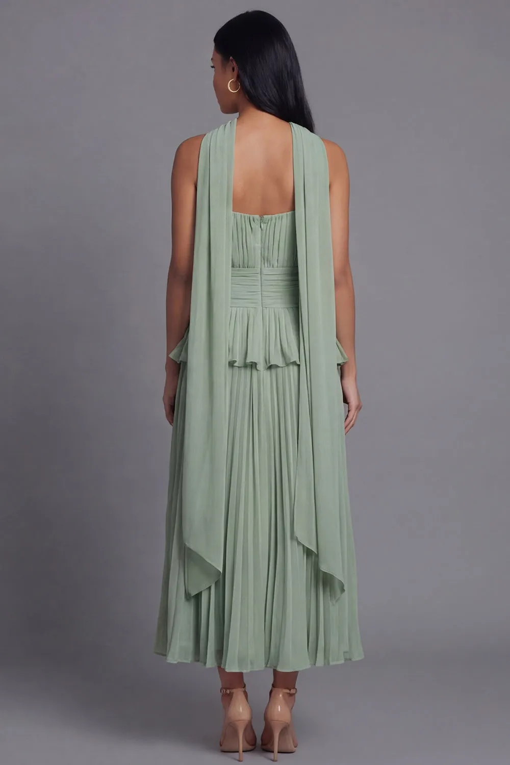 A-Line Dusty Sage Strapless Pleated Ruched Ruffled Midi Dress with Neck Scarf sold by Zapaka product image thumbnail 2